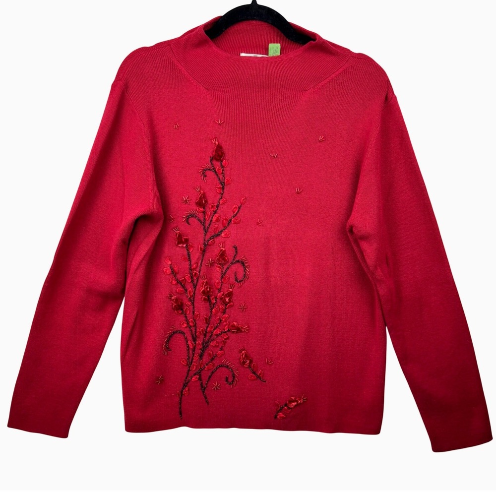 KIKIT Mock Neck Sweater Women Large Vintage Red‎ Floral Beaded Embroidered